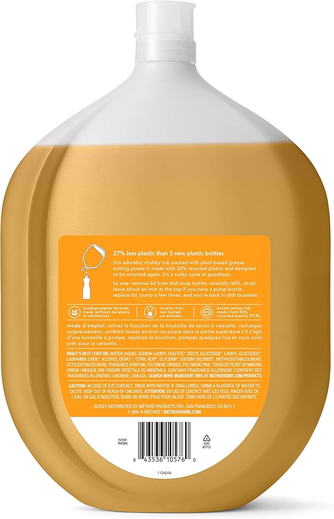 Method Gel Dish Soap Refill, Clementine Scent, Powerful Cleaning Formula, Large Refill Tub, Biodegradable Formula, Cuts Through Grease, 54 Fl Oz (Pack of 3)