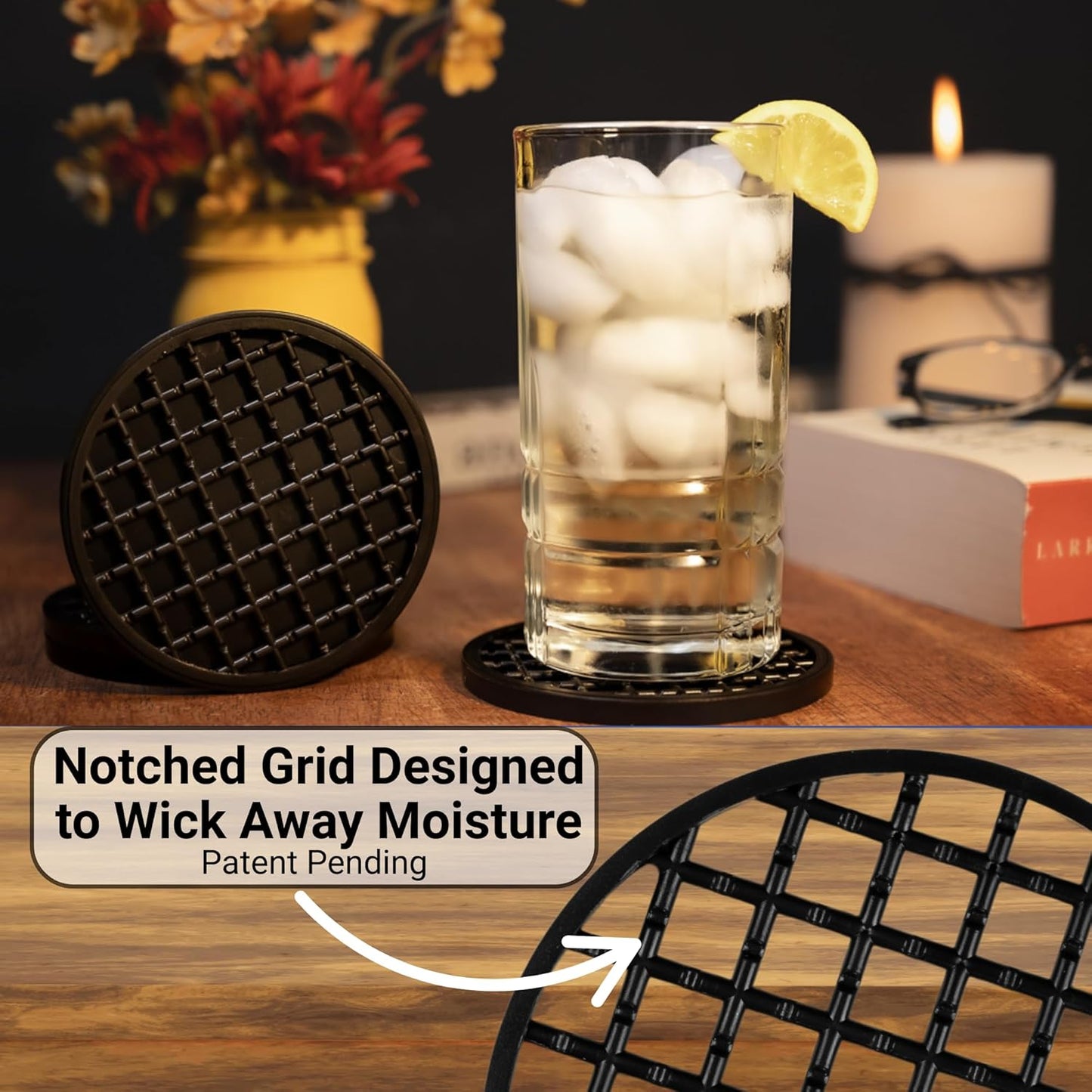 Ultimate Drink Coasters with Holder,[4 Pack] Drinking Coasters - Cup Coaster for Hot or Cold Drinks, Durable, Non-Slip, Non-Stick, Black (Black)