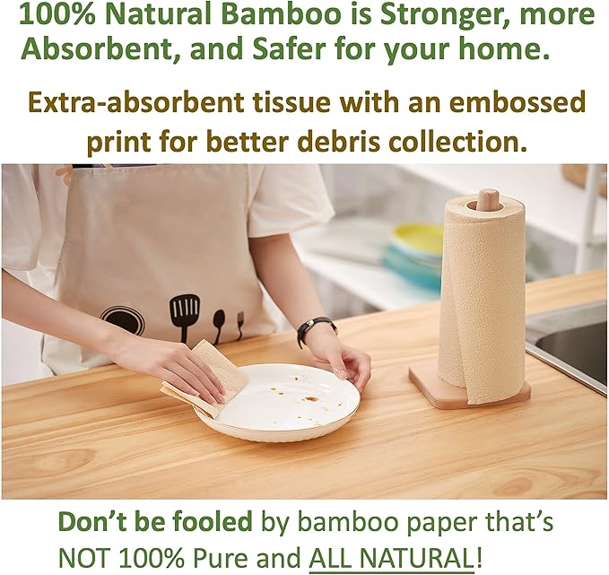 100% Bamboo Paper Towels, Tree-Free, Chemical-Free, Lint-Free, Durable, Absorbent, Select-a-Size 2-Ply, 90 Sheets Per Roll. (PT 12 Rolls)