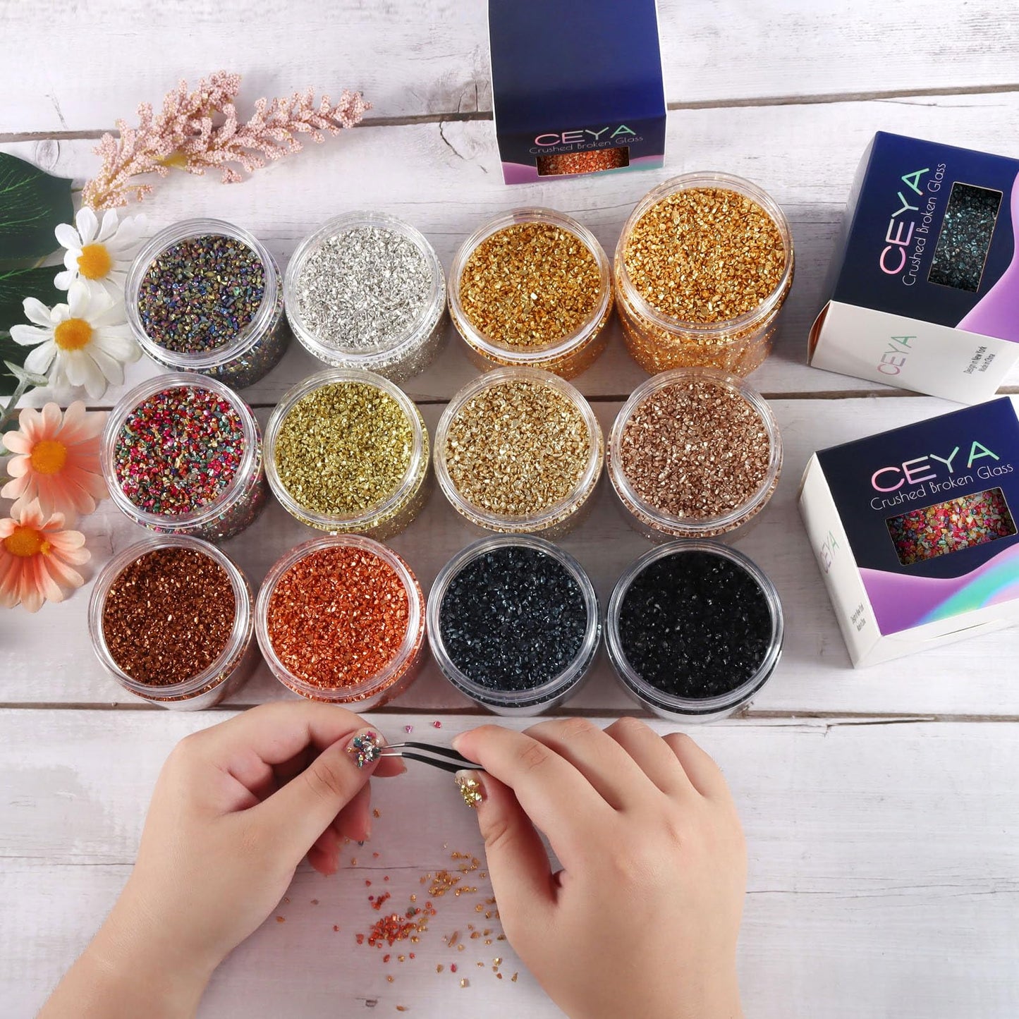 Ceya 5.3oz/ 150g Crushed Irregular Glass Shallow Gold Metallic Crystal Chips Broken Glass Glitter 2-4mm Craft Glitter for Nail Arts Epoxy Resin Mold Coasters Ornament Painting Geode Phone Case Jewelry