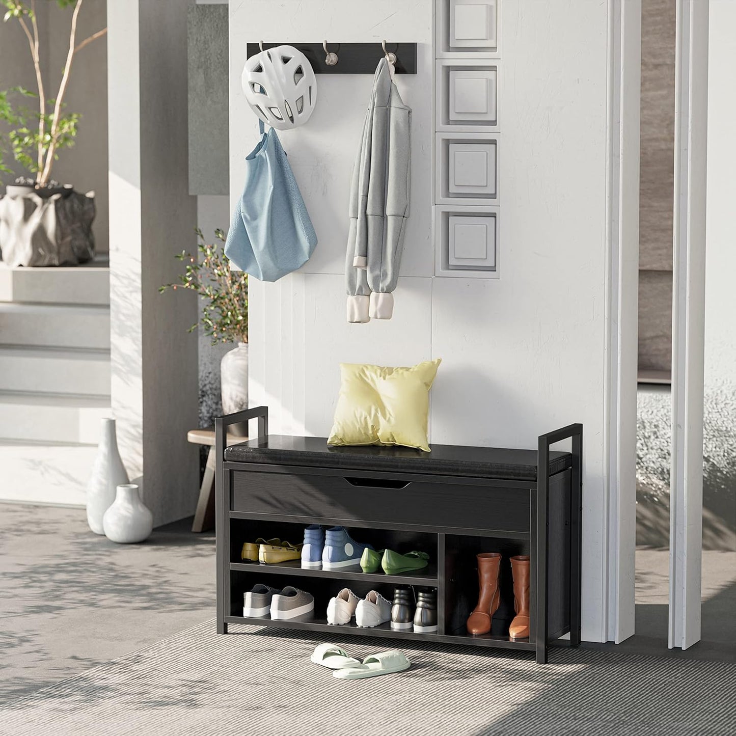 IRONCK Shoe Storage Bench, Entryway Bench with Lift Top Storage Box, Metal and Board Bench for Entryway, Two Tier Shoe Rack Organizer for Entryway, Bedroom, Hallway, Black