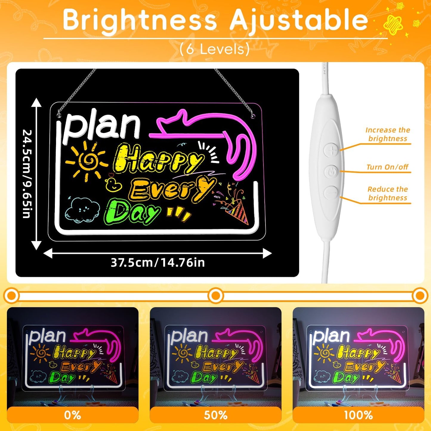 NOSUN Cat Kid LED Note Board 14.6 * 9.5” Acrylic Dry Erase Light Up Message Board with Chain and Stand for Kids With 7 Color Markers TO DO PLAN Glow Rewritable Memo Drawing Writing Board FARE PIANO