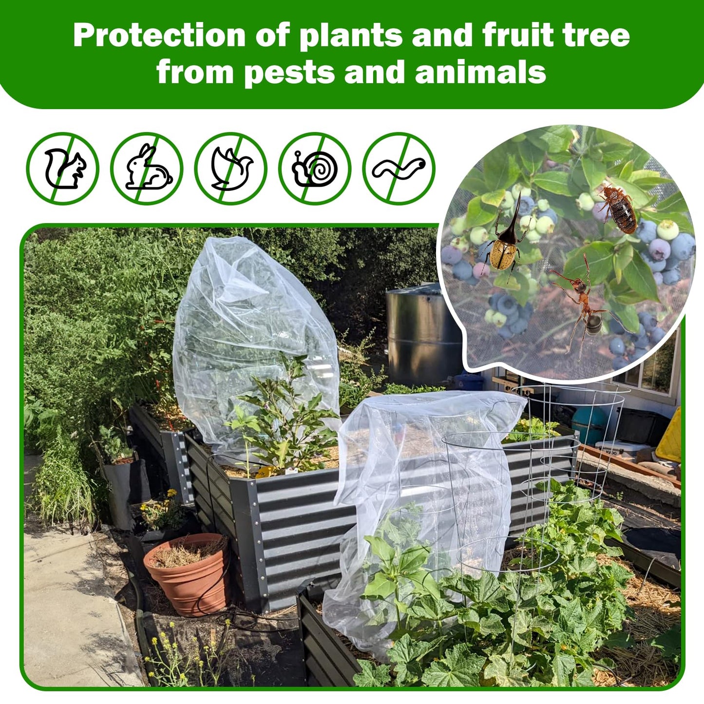 2 PCS Fruits Tree Netting Cover for Garden 3.3 x 4.9 ft Garden Insect Bird Barrier Plant Netting for Tomato Blueberry Bush Netting Covers Deer Cicada Netting Cover Bag with Drawstring
