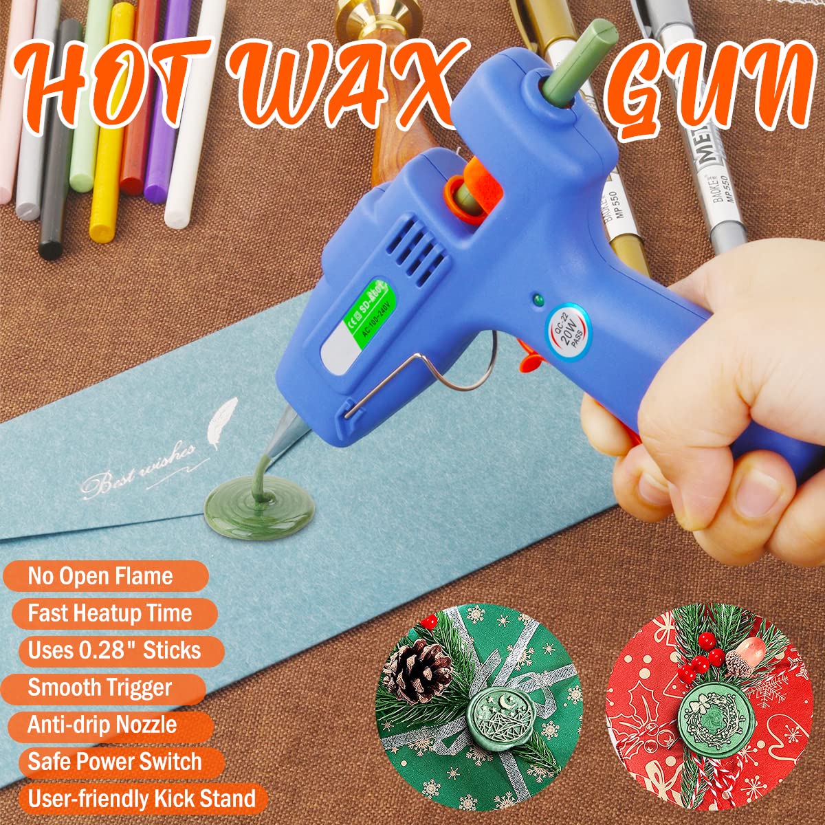 Wax Seal Kits, Wasole 40Pcs Pine Green Sealing Wax Sticks with Glue Gun + 2Pcs Wax Seal Pens for Wax Seal Stamp, Great for Wedding Invitations, Birthday Cards, Envelopes, Gift Wrapping