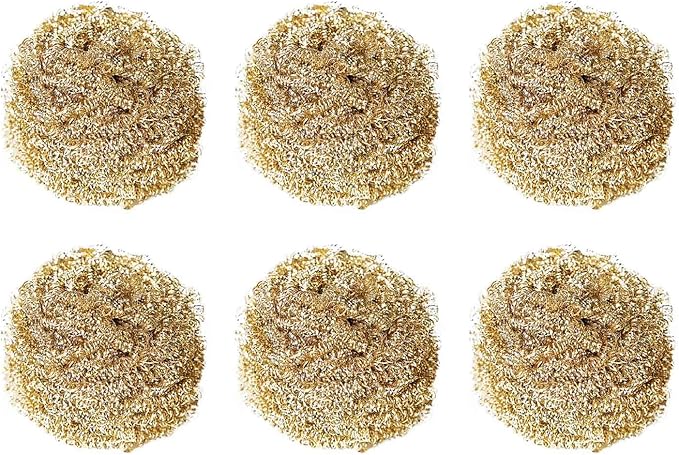 6PCS Brass Kitchen Cleaner, Scrubbing Scour Copper Scrubber Non Scratch Dishes Scrubber Kitchen Steel Wool Easy Scouring Scrubbing Brush Pot Pan Oven Washing Ball Golden Copper Scrubber