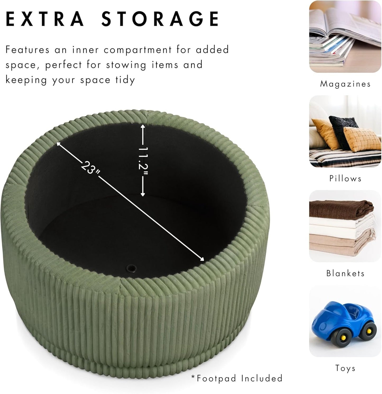 Furniture of America Lennox Modern Chenille 29-inch Round Storage Ottoman with Flip Top, Upholstered Footstool, Circle Coffee Table for Living Room, Bedroom, Entryway, Green