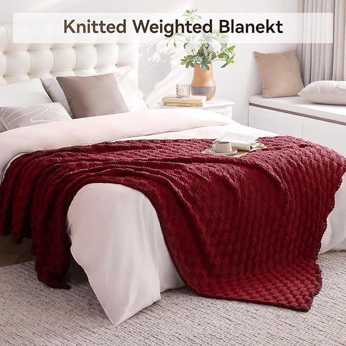 Knitted Weighted Blanket for Adults, 50' x 60'' 10lbs, Breathable Chunky Knit Blanket, Cooling for Hot Sleepers, Christmas Home Decor (Red)