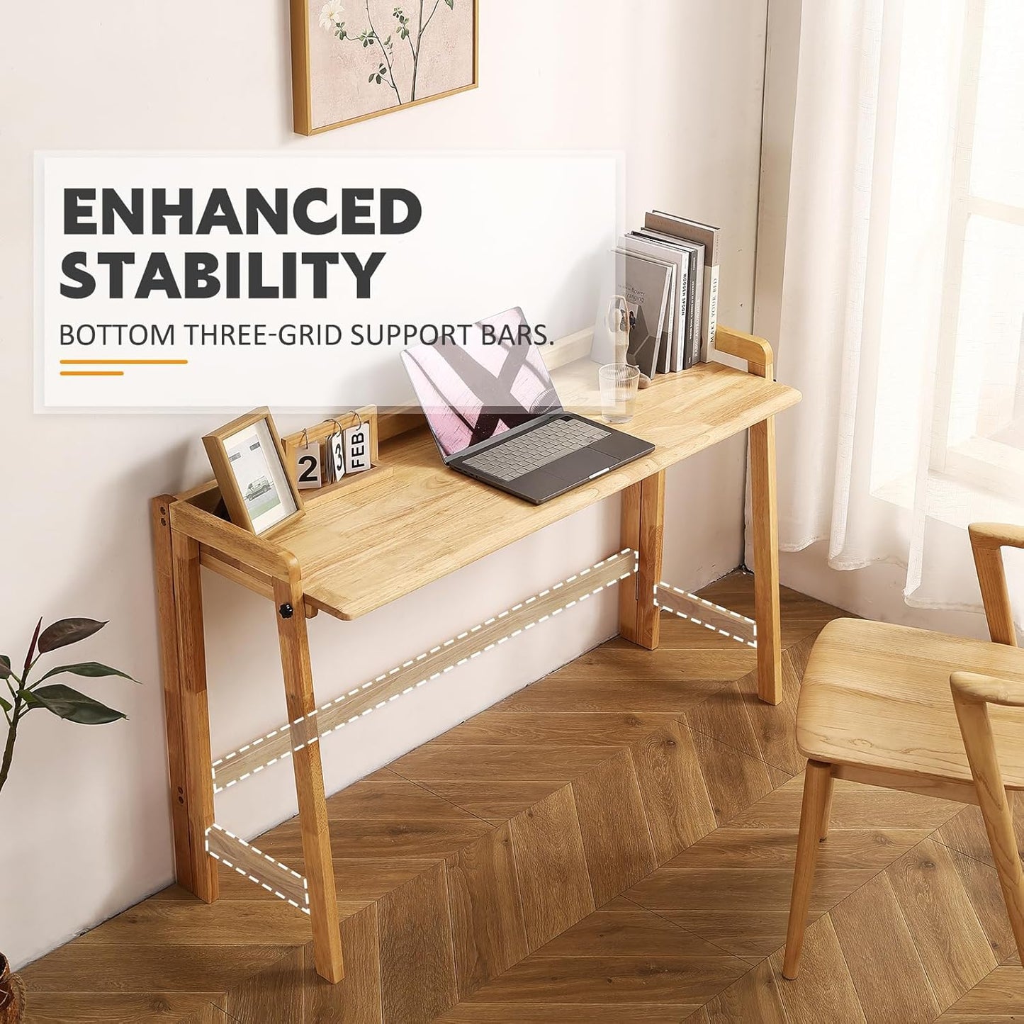 Solid Wood Folding Desk Mid Century Modern Table, 47'' Foldable Writing Computer Desk for Home Office, Simple Study Makeup Workstation, Wooden Study Office Desk Table for Small Spaces, Natural Color