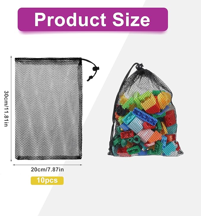 10 Pcs 8x12 Inch Nylon Mesh Drawstring Bags, with Cord Lock Closure - Delicates Laundry Bag for Washing Machine, Multipurpose Storage Bags for Basketball, Volleyball, Football, Golf Stuff Balls