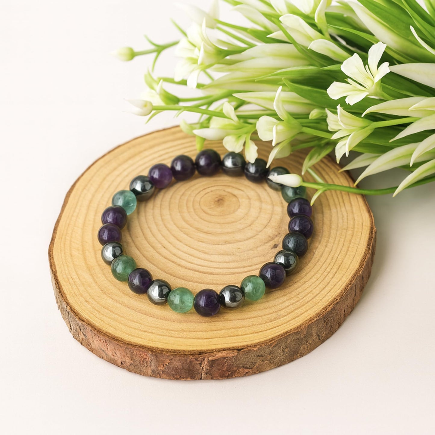PRECIOUS PEBBLE Amethyst, Fluorite, Hematite Bracelet for Men & Women – Natural 8mm Beads for Calm, Focus & Inner Balance – Adjustable Stretch Fit Crystal Bracelets for Daily Wear & Meaningful Gift