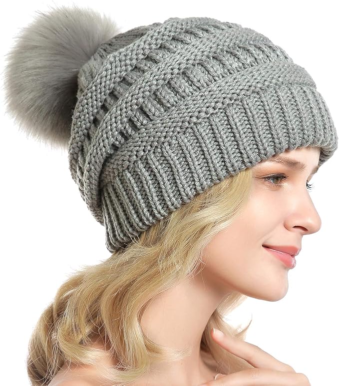 QUEENFUR Women Knit Slouchy Beanie Chunky Baggy Hat with Faux Fur Pompom Winter Soft Warm Ski Cap