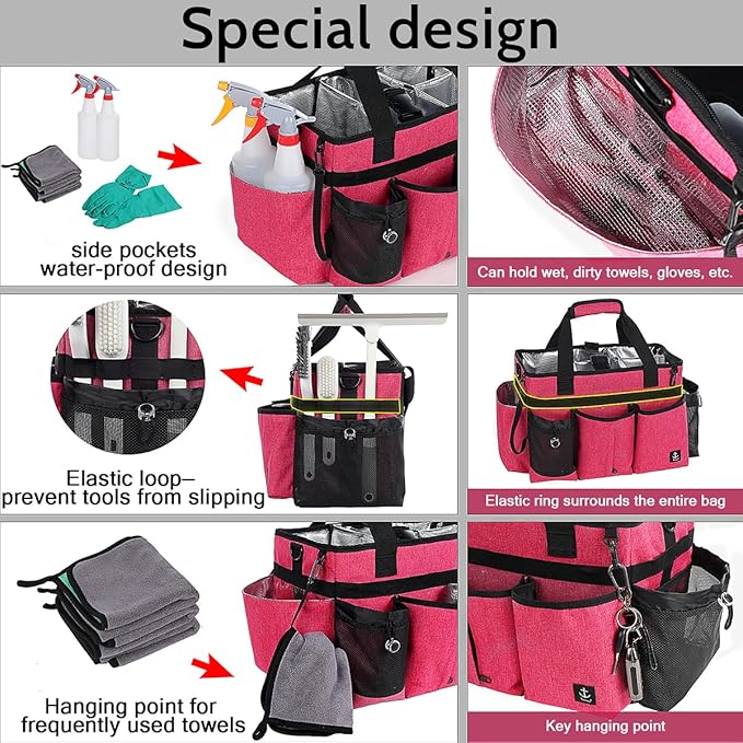 Large Cleaning Caddy Bags Pink with Sturdy Support Board, Cleaning Organizer with Detachable Dividers, Cleaning Supply Tote with Adjustable Shoulder Strap & Waist Belt for Cleaners Housekeepers