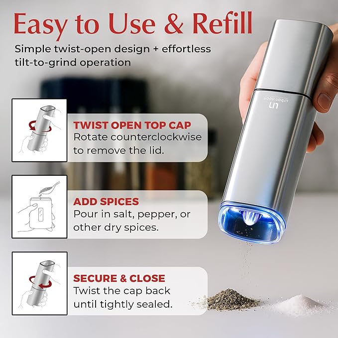 Automatic Salt and Pepper Grinder Set - Rechargeable Electric Salt and Pepper Shakers with Adjustable Coarseness, LED Light, One-Handed Use, Gravity Salt Grinder and Electric Pepper Mill