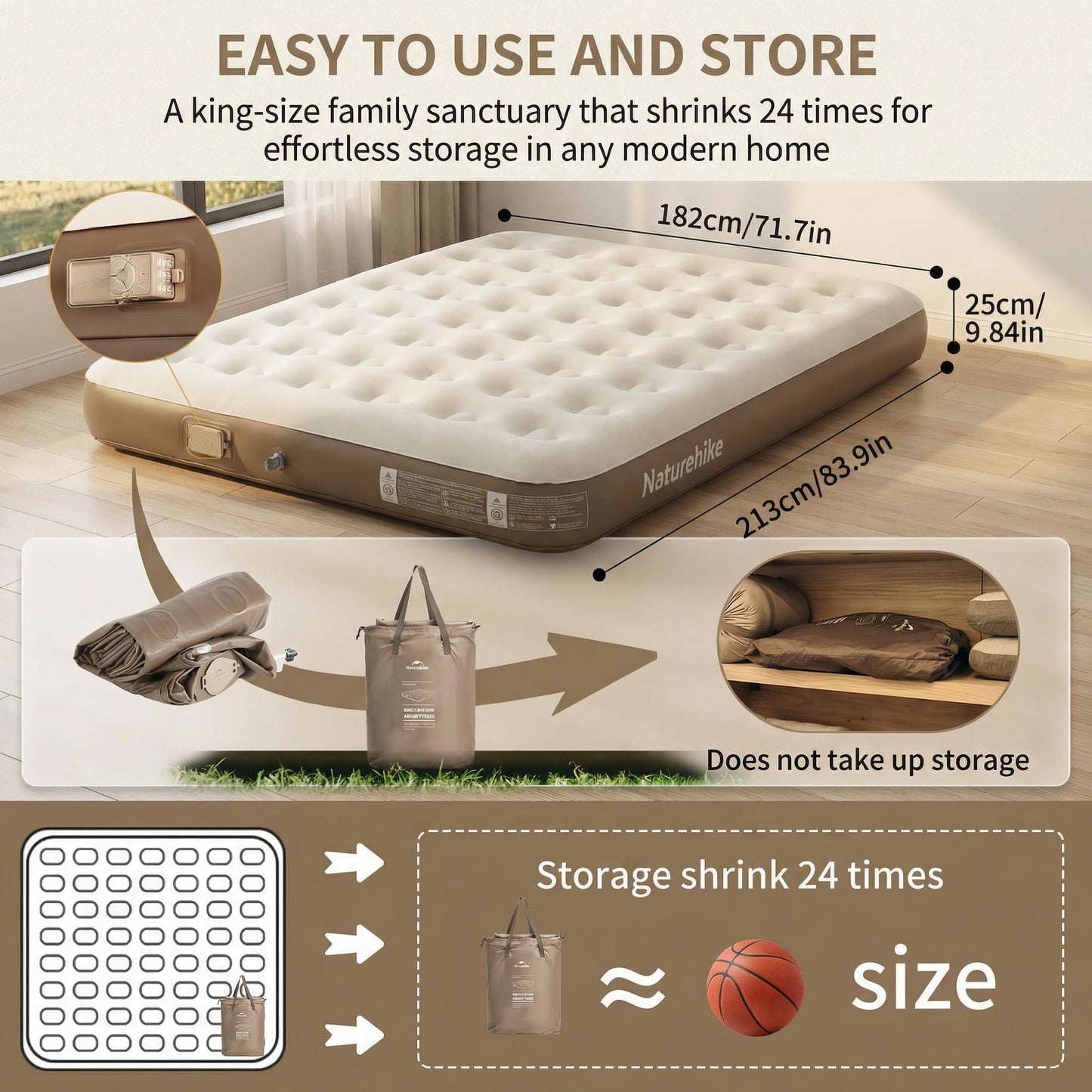 Naturehike California King Air Mattresses with Rechargeable Built-in Pump, Inflatable Mattress, Portable Blow up Mattress, Air Bed for Home, Camping, Guest