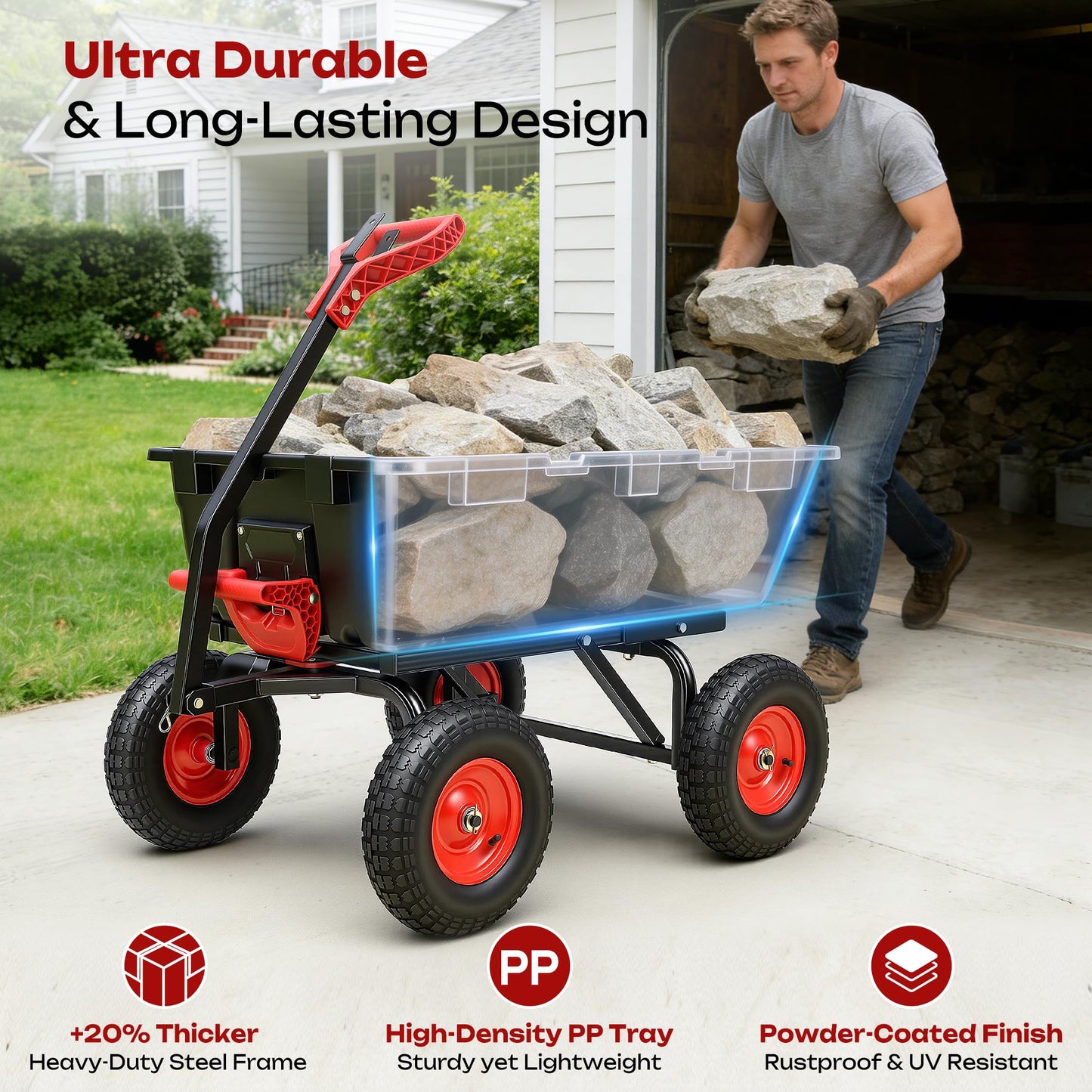 Autodaya 1200lbs Garden Dump Cart,7 Cu.Ft Utility Wagon Cart with Hitch,Heavy Duty Yard Dump Wagon Wheelbarrows with 13" All Terrain Wheels & 2-in-1 Handle,Tow Behind for Lawn Mower Tractor ATV