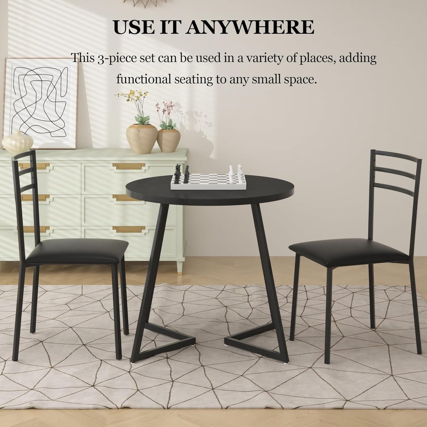 VECELO Small Round Kitchen Table with 2 Upholstered Chairs, 3-Piece Wood Dinette Sets with Steel Frame for Breakfast Nook, Dining Room, and Small Space, Wood-Grain Black