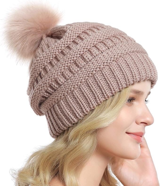 QUEENFUR Women Knit Slouchy Beanie Chunky Baggy Hat with Faux Fur Pompom Winter Soft Warm Ski Cap