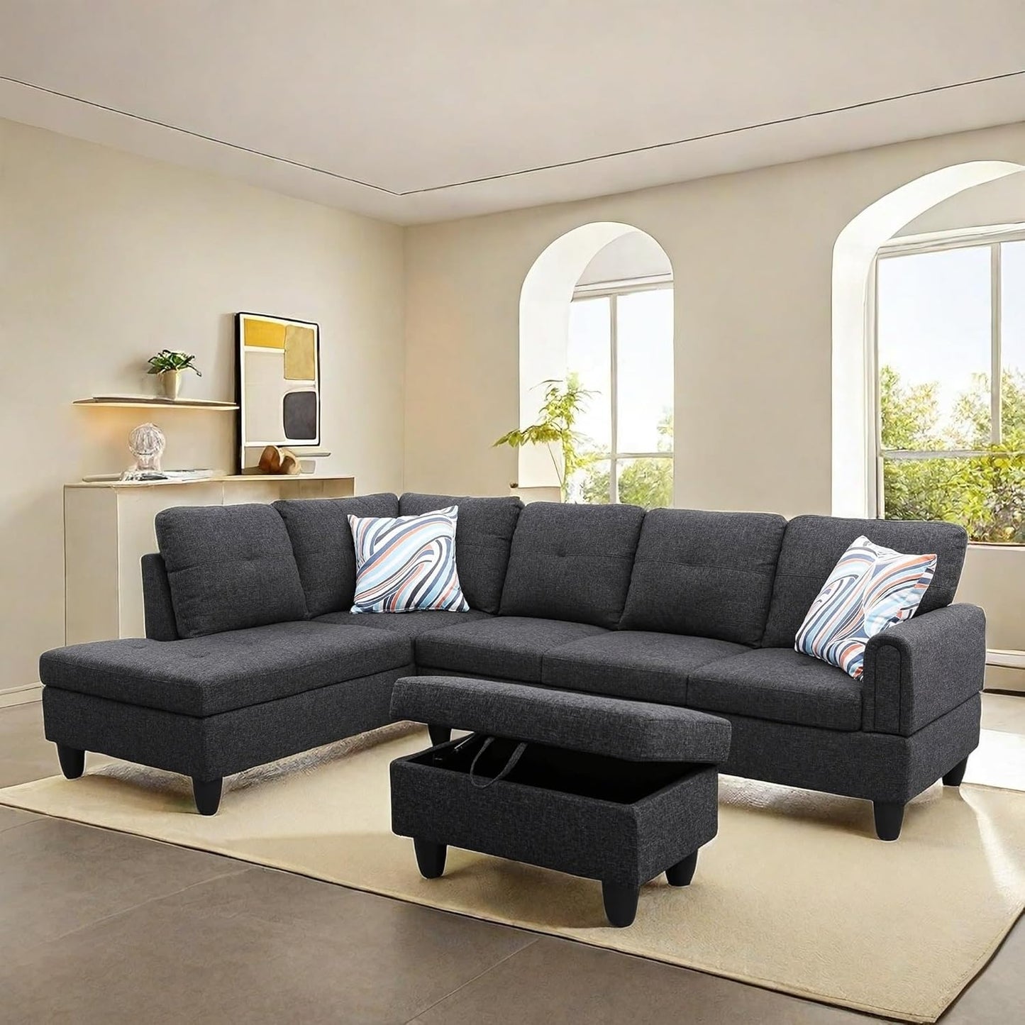 NAYSAYE Sectional Couch with Ottoman Storage, L Shaped Couch Sofa Furniture Sets, Modern Comfy Modular Comfy Sofa for Living Room Bedroom, Office and Apartment, Black