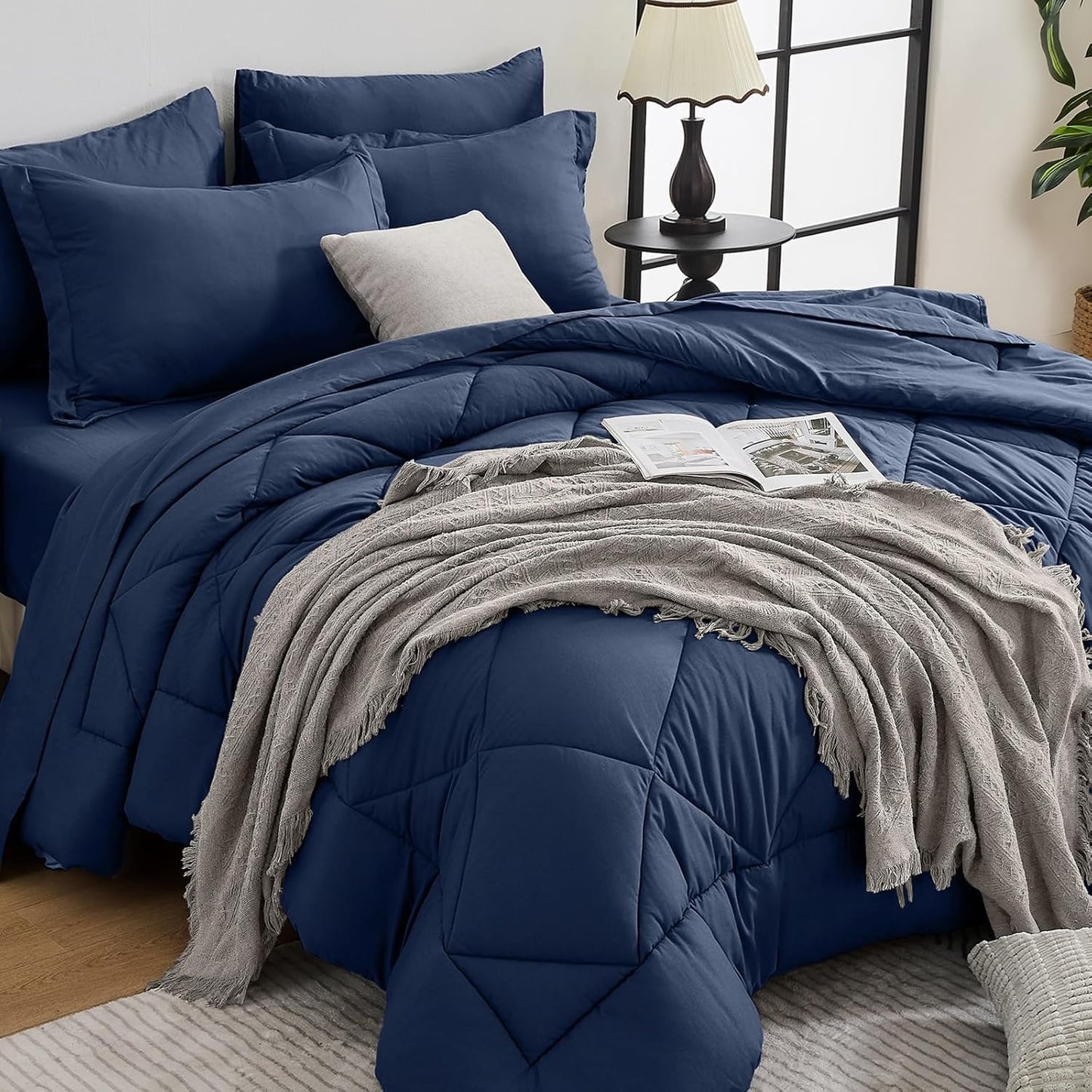 HEVUMYI Navy Blue Twin Comforter Set - 5-Piece All Season Bed in a Bag Twin, Ultra Soft Bedding Set with Comforter, Flat Sheet, Fitted Sheet, Pillowcases, Pillow Shams, Navy Blue