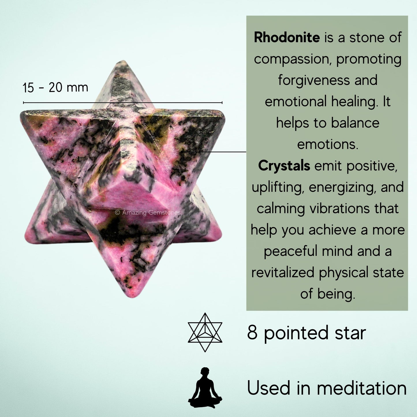 Amazing Gemstone Rhodonite Merkaba Crystal - 0.75 Inches Metaphysical Merkaba Star for Meditation - Energetic Tetrahedron Crystal and Healing Stones for Spiritual Growth and Healing (15-20mm)