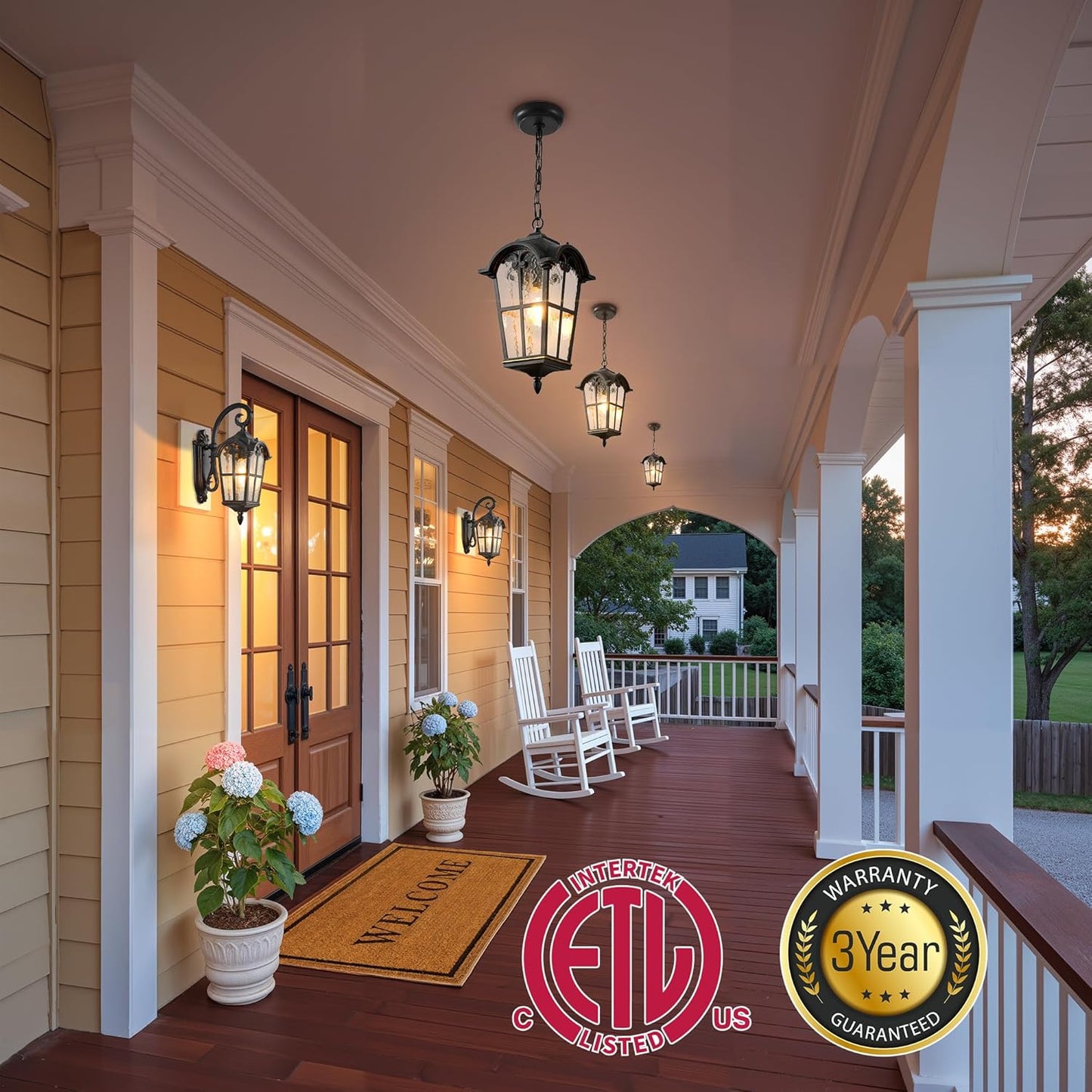 VIANIS Black Large Outdoor Pendant Light, Vintage Outdoor Chandelier with Gold Trim, Outside Hanging Light for Porch, Doorway, Entryway, 100% Aluminum, Anti-Rust