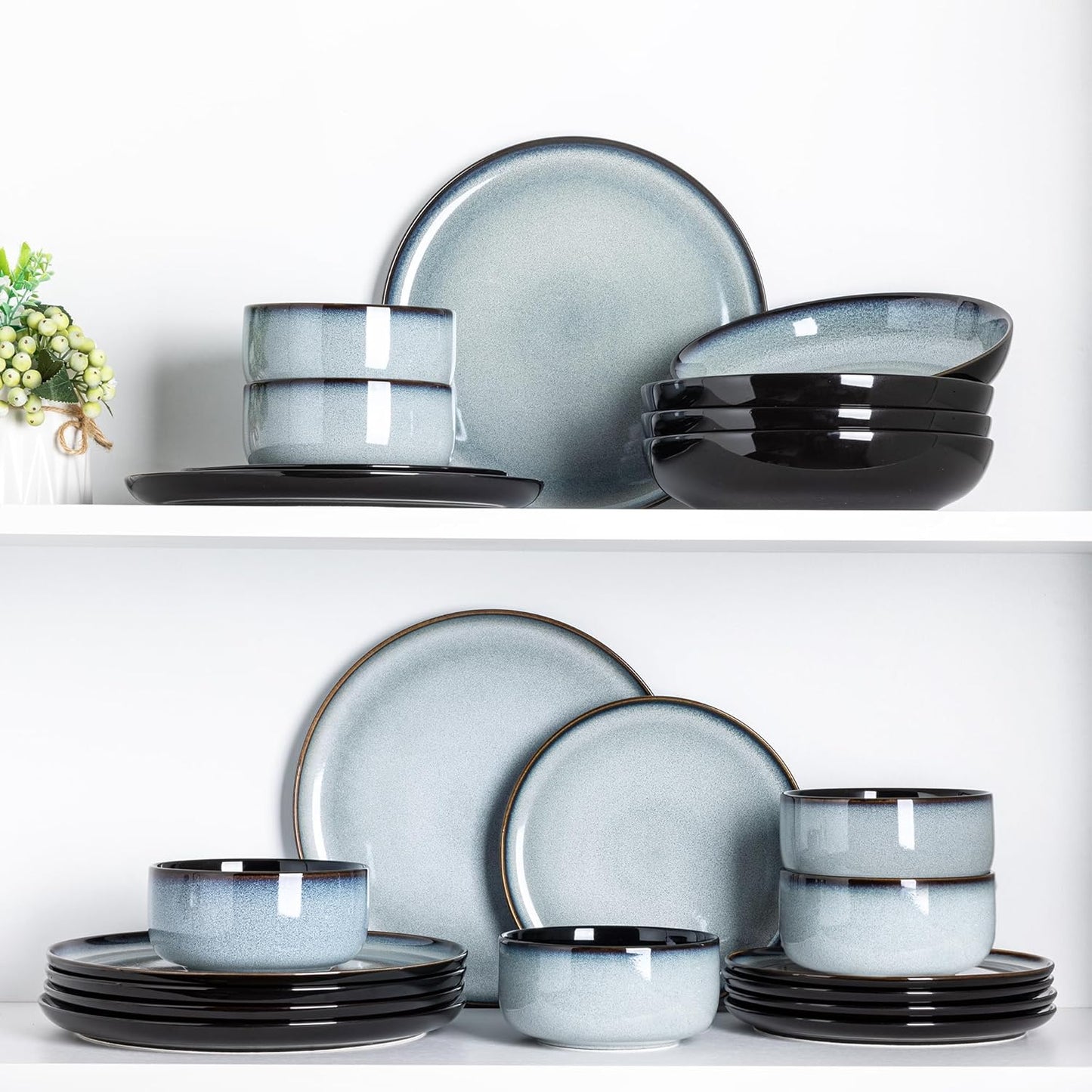 LeRatio Ceramic Dinnerware Sets for 6,Porcelain Plates and Bowls Sets,Handmade Reactive Glaze Dishes Set,Chip Resistant and Scratch Resistant | Oven&Dishwasher & Microwave Safe-Gray White(18PCS)