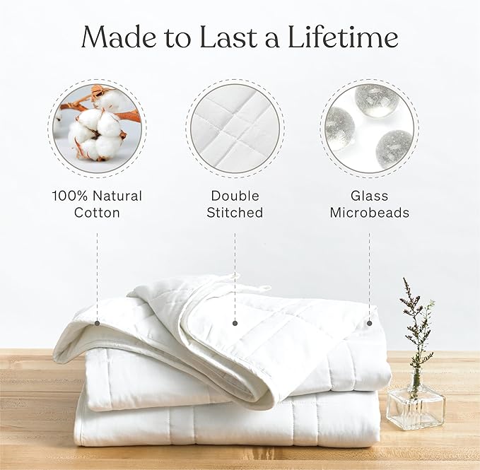 Baloo Weighted Blanket for Adults 15 lb (Pebble White, 60"x80") | Cool & 100% Cotton | Machine Washable & Dryer Safe | Glass Microbead Fill