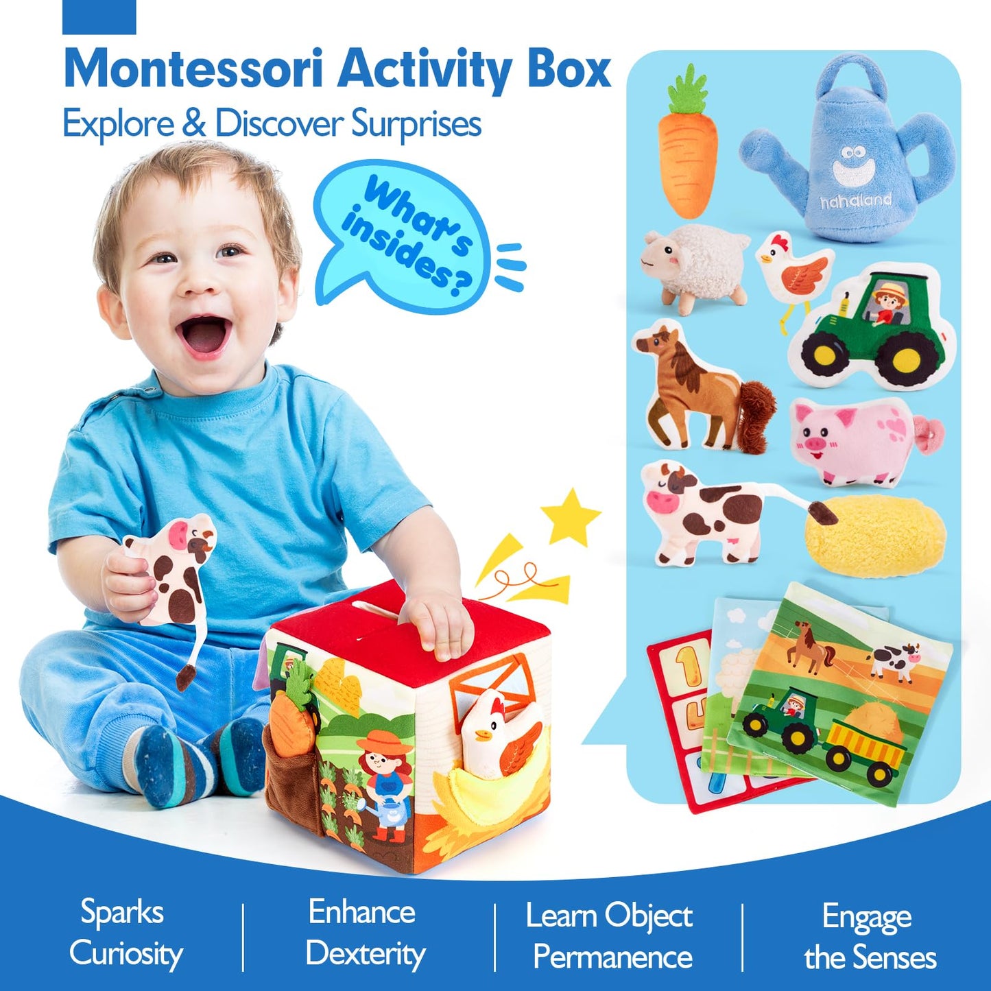 hahaland Baby Toys 6-12 Months - 13 PCS Whats Inside Box Surprise Developmental Toy and Silicone Baby Tissue Box Toy, Montessori Toys for 6 Month Old Gifts