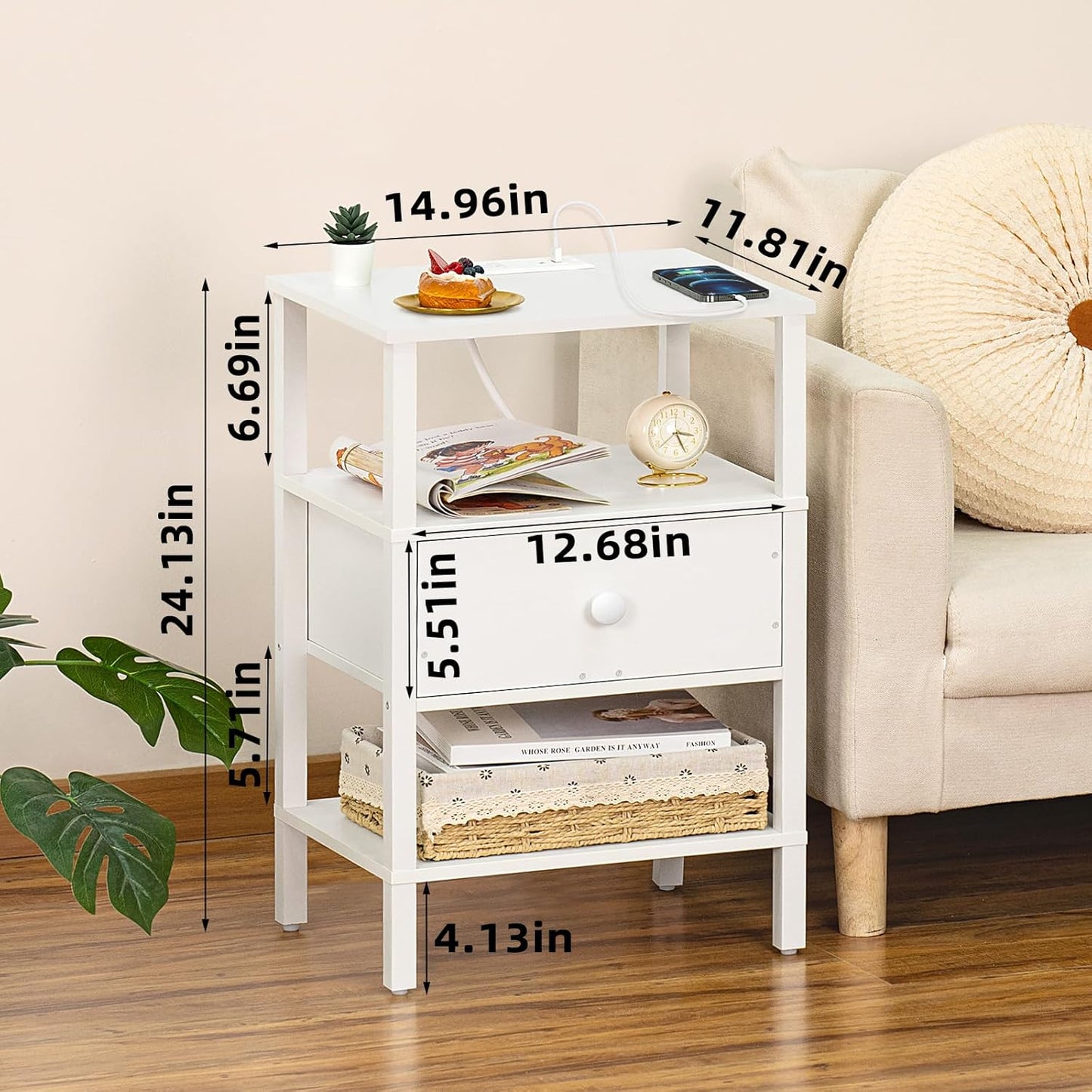 Lerliuo Nightstand Set of 2 with Charging Station and USB Ports, 3-Tier Storage End Table with Drawer Shelf, Night Stand for Small Spaces, Wood Bedside Table for Living Room, Bedroom - Elegant White