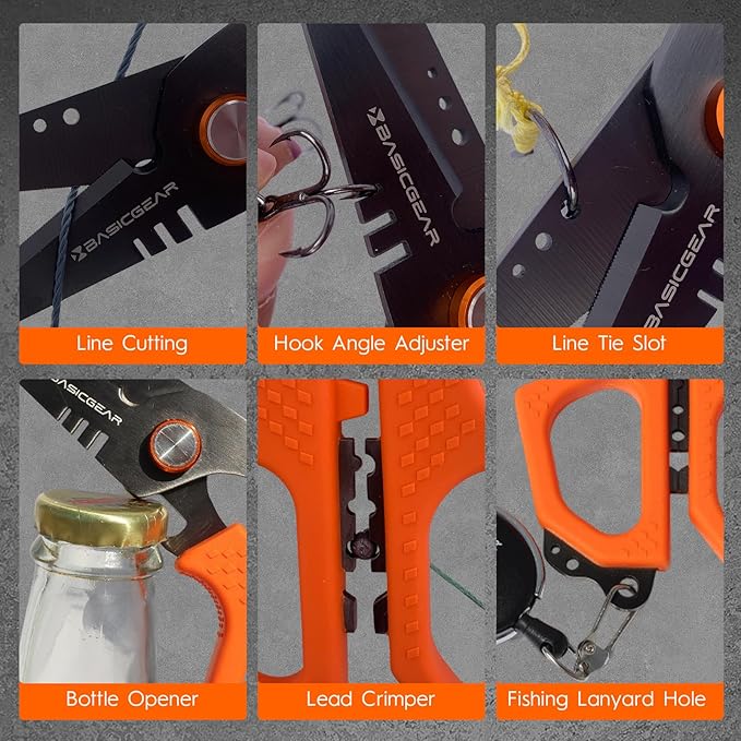 BasicGear Fishing Multi-Tool Scissors – Titanium-Coated, Stainless Steel, Multi-Tool Cutter with Hook Adjuster, Screwdriver, Bottle Opener, Sheath & Non-Slip Grip for Saltwater or Freshwater Use