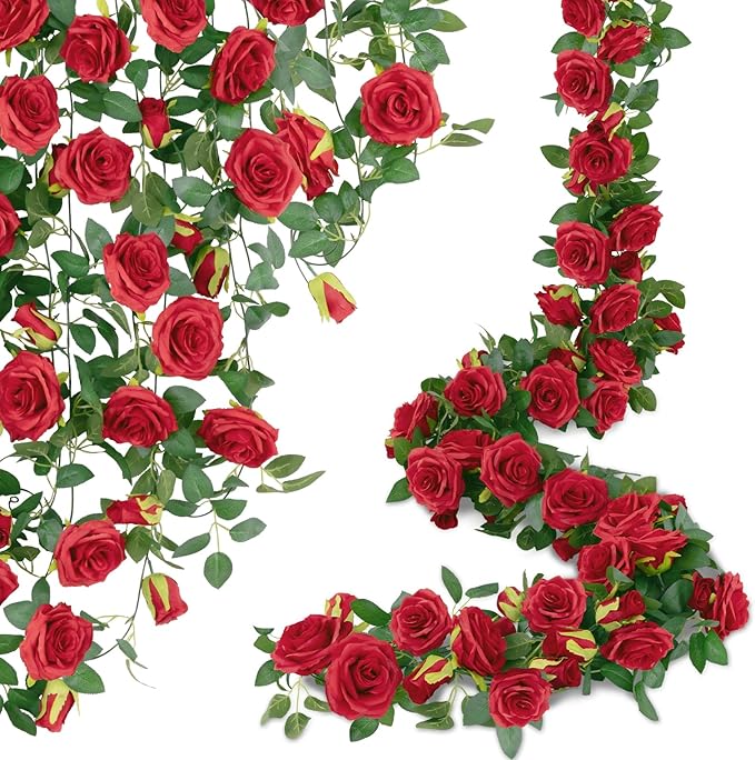 U'Artlines 3 Pack Artificial Red Rose Vines Floral Garlands Total 19.5 Ft Fake Vine Silk Flower Garland for Indoor Outdoor Home Wedding Arch Garden Wall Decoration