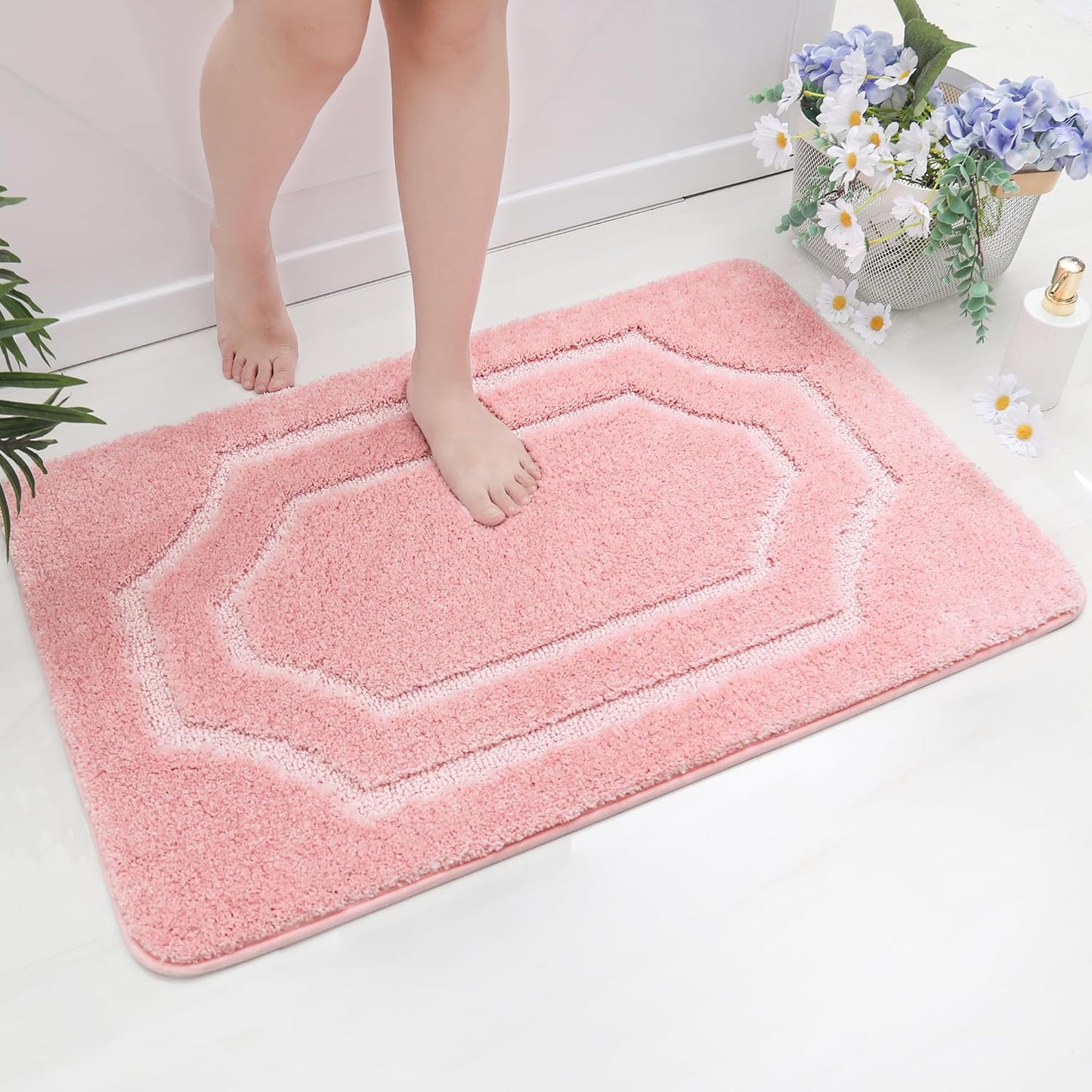 BEQHAUSE Bathroom-Rugs-Non-Slip-Bath-Mats for Bathroom Soft and Absorbent Polyester Microfiber Pink Bath Mat Machine Washable Shaggy Shower Mat for Bathrooms, Bathtub and Sink, 24" x36"