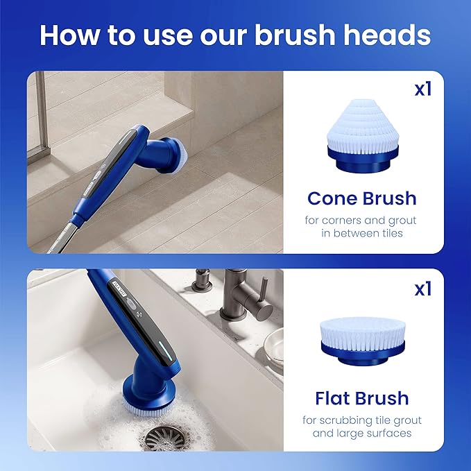8-in-1 Electric Spin Scrubber, Fully Waterproof Cordless Power Cleaning Brush with LED Display, 2 Speed Settings, Extension Handle for Bathroom, Tubs, Shower, Kitchen, Tile, Sinks, Car, Floor