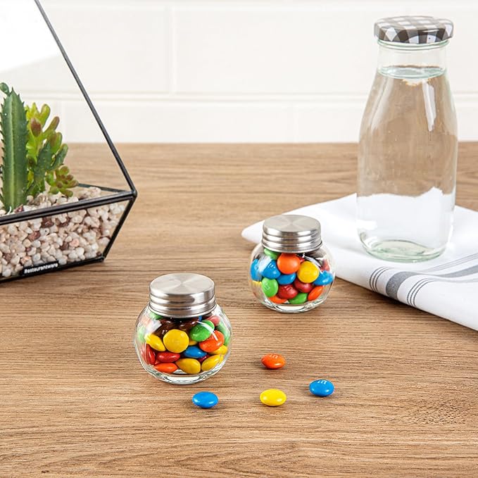 Restaurantware Vetri 2 Ounce Mini Favor Jars, 10 Durable Candy Jars - With Wide Spout, Chrome Lid, Clear Glass Candy Jars, Dishwashable