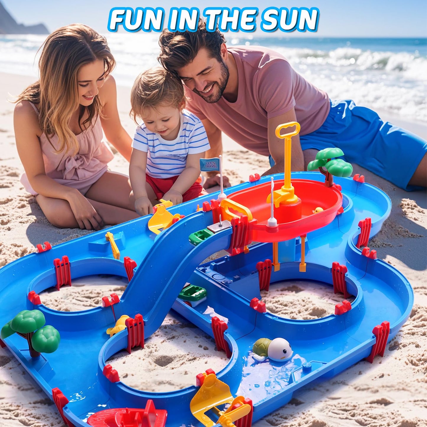 TERRAMUS Double-Tier Kids Water Table Toys, 100PCS Water Park Playset with Pump, DIY Toddler Waterways, Summer Outdoor Toys for Backyard,Lawn,Beach,Pool, Outside Activity Funs for Boys Girls 4-8 3-5