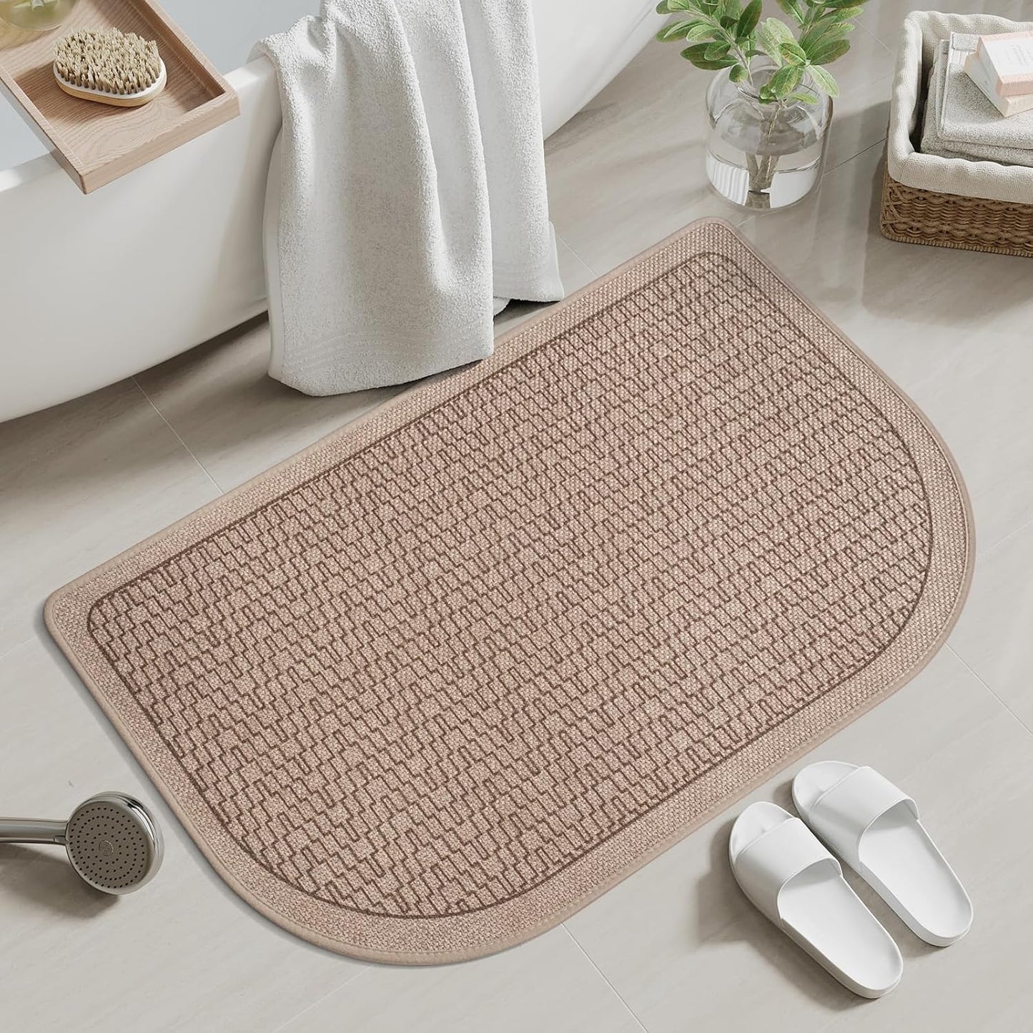 Bathroom Rugs Mat 24x35, Non Slip Ultra Thin Bath Mat Quick Dry Absorbent Washable Woven Half Round Bath Mats for Bathroom Floor Rubber Backed Fit Under Door Brown