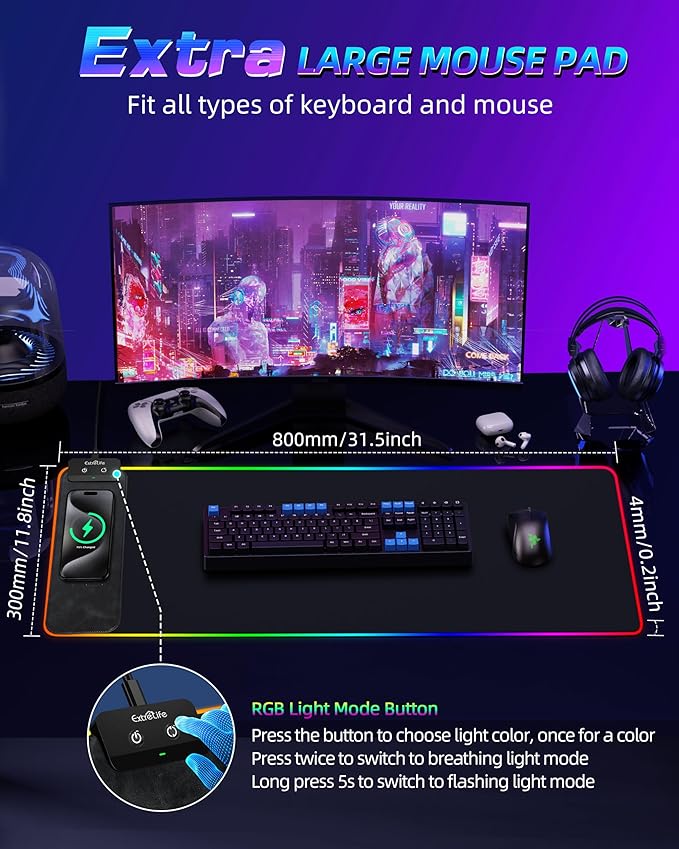 Wireless Charging RGB Gaming Mouse Pad 10W, 31.5"x11.8" Large Desk Mat, Led Mouse Pad, 9 Light Modes, Non-Slip Rubber Base, Waterproof Computer Keyboard Mat for Gaming Home Office, Black with Adapter