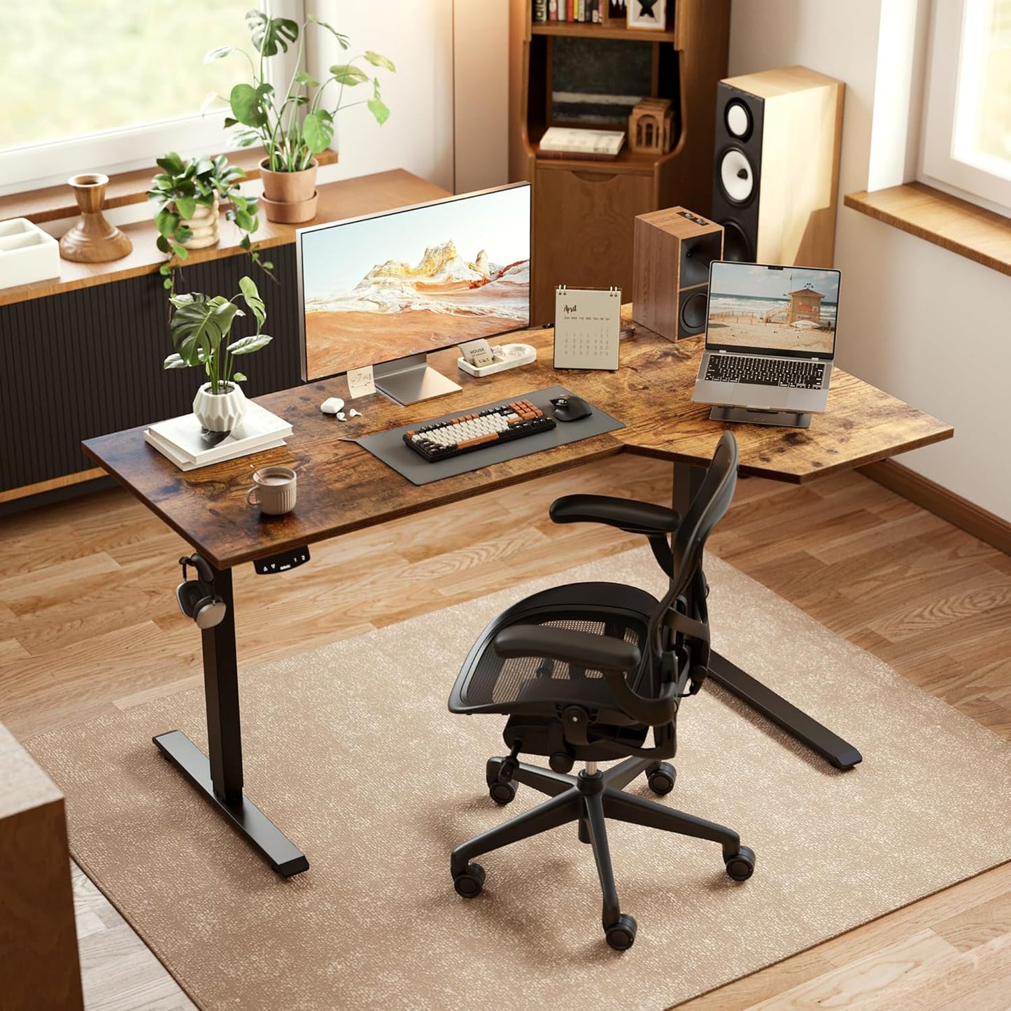 Agilestic Electric Standing Desk, L-Shaped 55 Inches Height Adjustable Desk, Sit and Stand up for Work Office Home, Ergonomic Rising Computer Table for Home Office with Splice Board, Rustic Brown