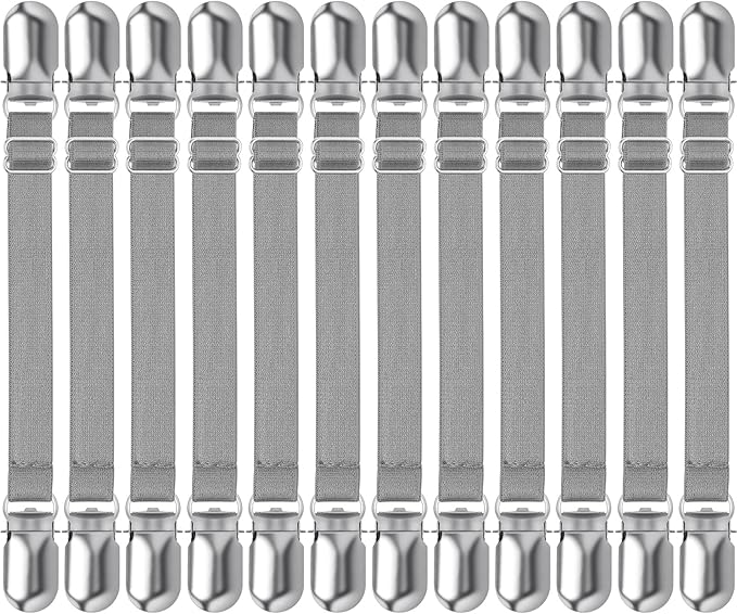 Boao 12 Pcs Bed Sheet Clips Straps Sheet Corner Straps Holder Adjustable Mattress Clips, Elastic Bed Grippers Suspender Fasteners Holder for Home (Grey,8-12 Inch Length)