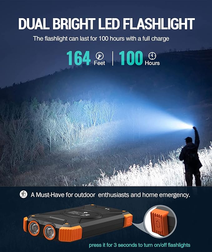BLAVOR Solar Power Bank 10,000mAh, Portable Wireless Charger, 20W Fast Charging External Battery Pack with USB C for Cell Phones, Solar Panel Charging with Dual Flashlight for Camping