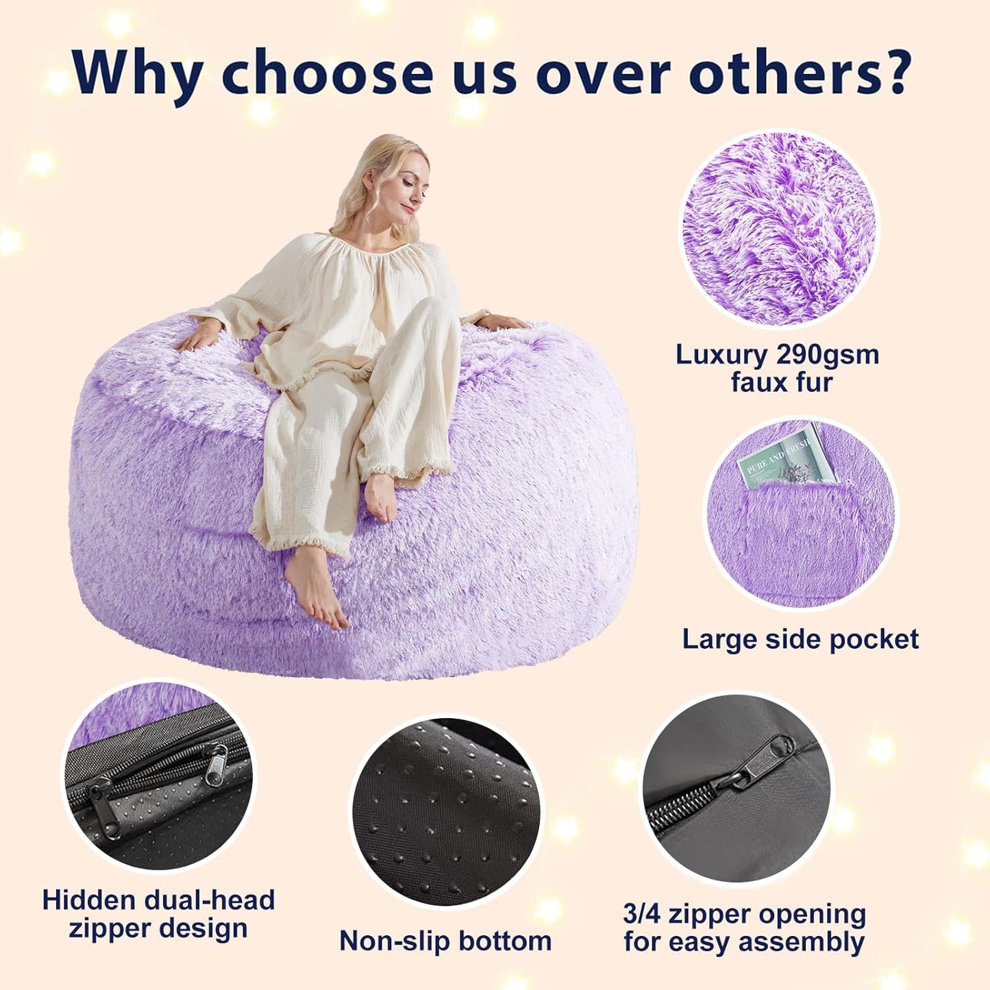 Huge Bean Bag Covers Only, Fluffy Stuffed Beanbag Chair Covers No Filler, Washable Bean Bags Cover for Adults, Stuffed Animal Bean Bag Anti-Slip, 6FT, Purple