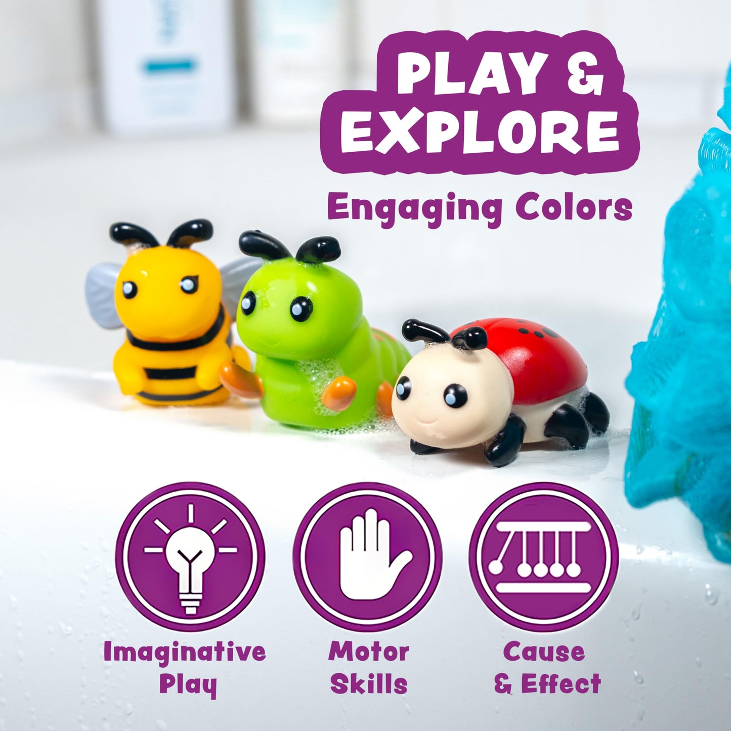 Tub Works® Bugs™ Light Up Bath Toys, 6 Pack | Water-Activated Light Up Toys Flash & Change Color | Easy-Grip Baby Girl & Toddler Bath Toys | Glow Bugs for Kids | Sensory Bathtub Toys with Bath Lights