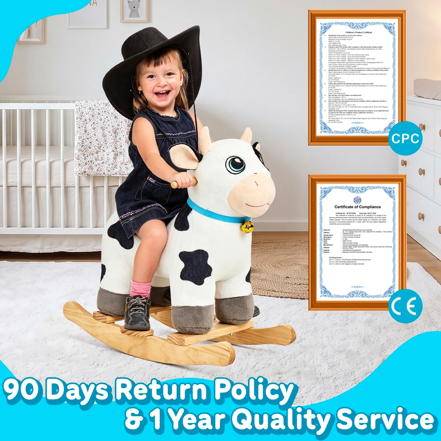 FUNLIO Cow Rocking Horse Ages 1-3, Adorable Baby Rocking Horse with Cuddly Head, Bright Sparkling Eyes & Jingling Bell, Stuffed Plush Ride-on Baby Rocker, Easy to Assemble, CPC & CE Certified