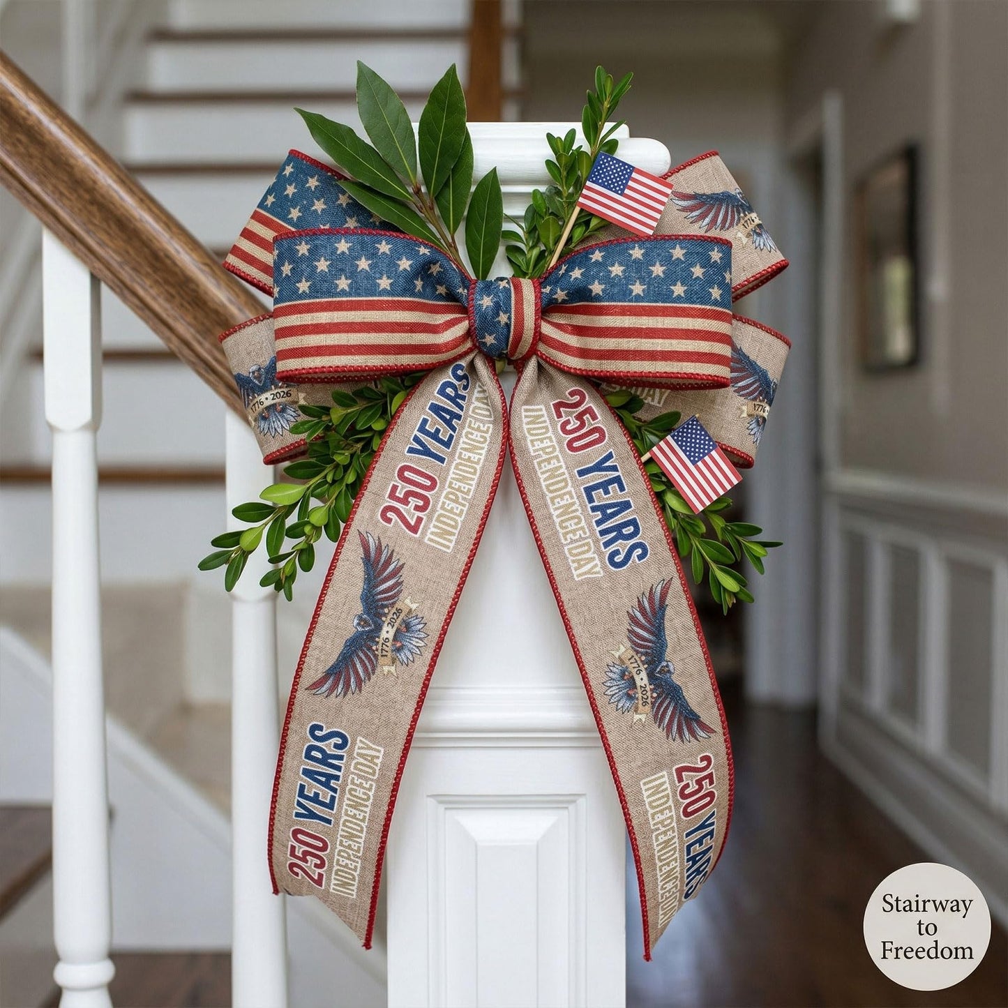 Bllavie 2 Rolls USA 250th Anniversary Ribbons for Wreath Bows Gifts, Red Blue Star Burlap Ribbons Patriotic Ribbon 4th of July Memorial Day Ribbon Bow for Gift Wrapping DIY Crafts Wreath Decor