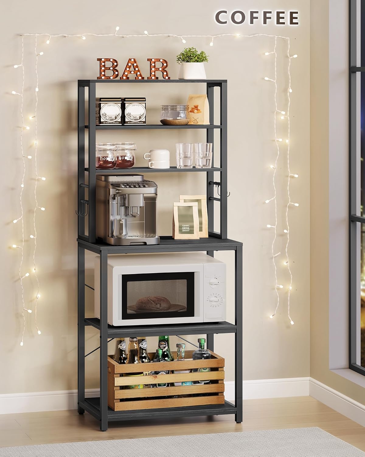 VASAGLE Coffee Bar, Baker’s Rack for Kitchen with Storage, 6-Tier Kitchen Shelves with 6 Hooks, Microwave Stand, Industrial, 15.7 x 23.6 x 65.7 Inches, Charcoal Gray and Black UKKS024B22