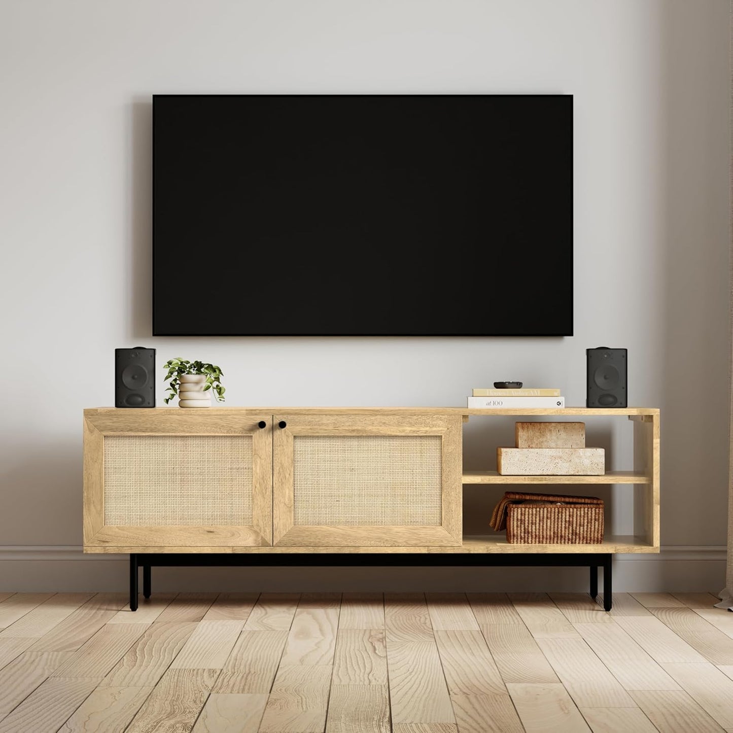 SIMPLIHOME Reeves SOLID MANGO WOOD 60 inch Wide TV Media Stand in Natural For TVs up to 65 inches for the Living Room and Entertainment Center