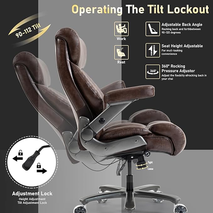 DYHOME 700LBS Heavy Duty Office Chair with 4d Armrest, Big and Tall Office Chair, Ergonomic Computer Chair with Airbag Lumbar Support, Wider Thicker Seat Cushion, PU Comfy Office Desk Chairs, Brown