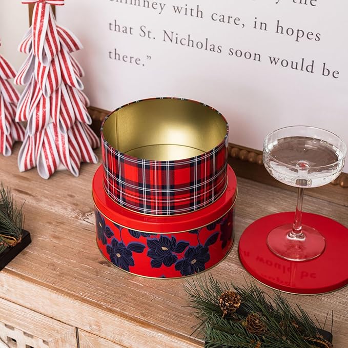 Draper James Cookie Tin Set for Treat Exchange and Gifting, Set of 2 Nesting Metal Boxes, Angie Plaid