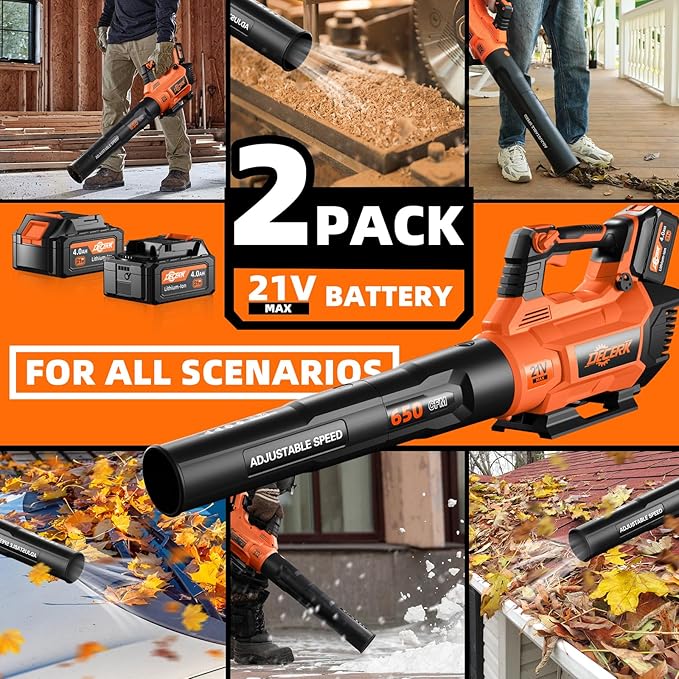 Decerk 21V Leaf Blower Cordless, Electric Snow Blowers with 2X 4.0Ah Battery, Lightweight Blower with Turbo Button, Variable Speed Dial, and Cruise Control for Sidewalks, Garages, Yards & Patios