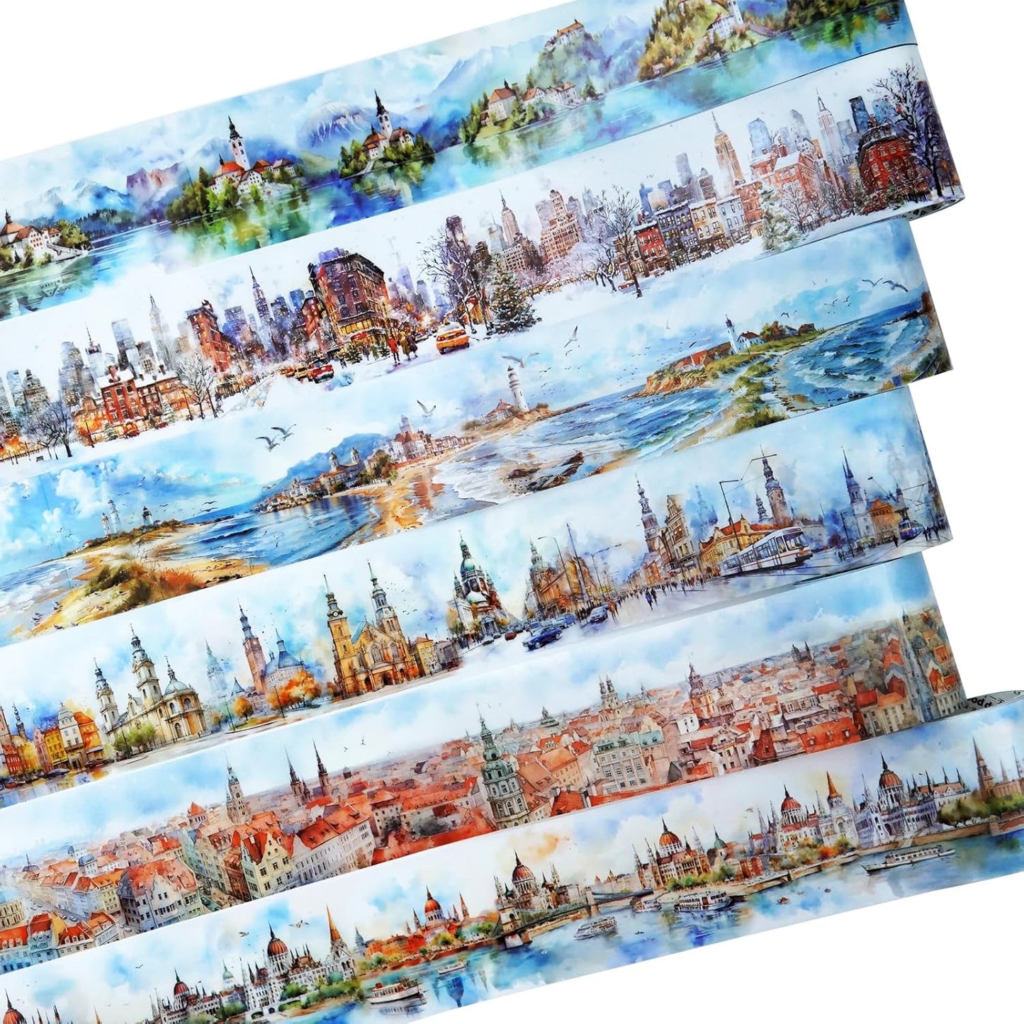 City Landscape PET Tape Set with Clip, 6 Rolls Scenic Tape for Scrapbooking, Journaling, DIY Crafts, and Planners